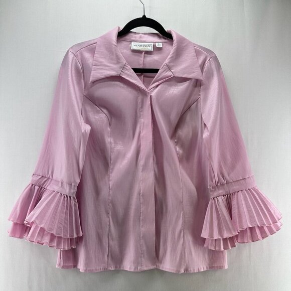 Victor Costa Tops - Victor Costa Top Womens S Satin Blouse Hidden Button Pleated Bell Sleeve Pink